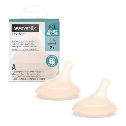 Suavinex, Pack de 2 Tetinas para el Biberón Anticólicos Zero Zero, Repuesto de 2 Tetinas de Flujo Adaptable (A) Se Adapta a la Fuerza de Succión del Bebé, Tetina Específica Lactancia Mixta, +0 M, Fair