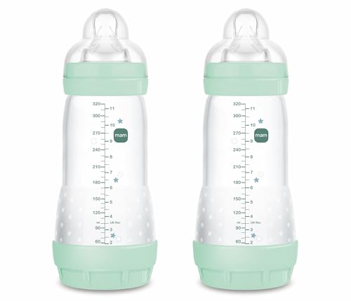 MAM Pack 2 Biberones Anticólicos, a partir de 4 Meses, 320ml, con Tetina 3 Flujo Rápido de Fácil Aceptación, Autoesterilizable y Fácil de Limpiar, MAM Easy Start Anti-Colic, Azul Brillante, Pack 2uds