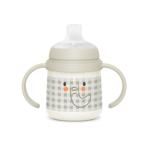 Suavinex, Vaso Aprendizaje Bebé, Biberón con Asas que Brilla en la Oscuridad, con Boquilla Antiderrame de Silicona y Válvula Anti-Cólico, para Bebés +6 Meses, Ideal para Usar por la Noche, Gris