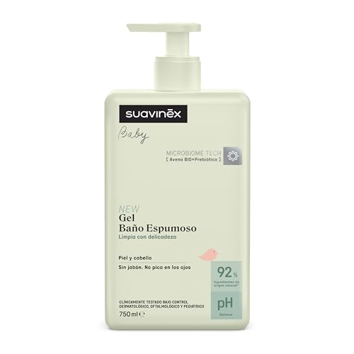 Suavinex, Gel - Baño Espumoso para Bebés, Champú para Piel y Cabello, Sin Jabón, Apto Pieles Sensibles y Recién Nacidos, No Pica en los Ojos, 92% Ingredientes Origen Natural, con Prebiótico, 750 ml