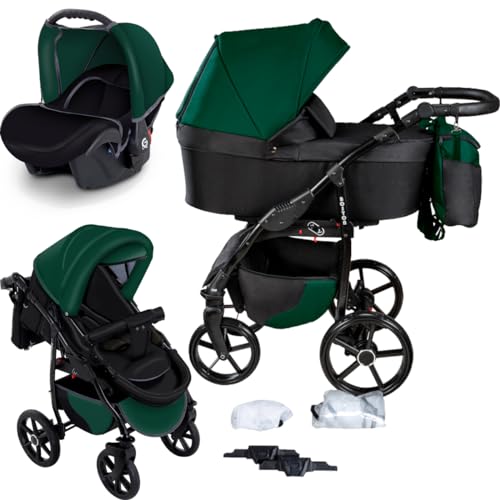 GaGaDumi Boston 3 en 1 Cochecito para Bebé con Silla de Auto - Carrito de Bebé Completo con Ruedas Grandes, Bolso y Accesorios Incluidos - Homologado TÜV Verde Negro