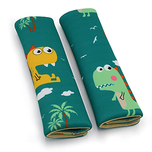 MHwan Protector Cinturon Coche Niños, 2 Piezas Lindo Dinosaurio Almohadilla Cinturon Coche, Transpirable y Agradable a La Piel Funda Cinturon Coche, Adecuado para Todas las Estaciones