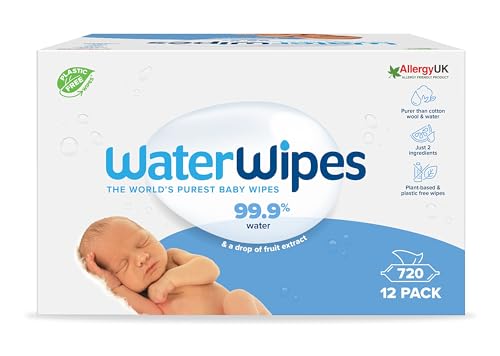 WaterWipes Toallitas húmedas Originales para Bebés, Sin Plástico, 720 unidades (Paquete de 12), 99,9% Base de Agua, y Sin Perfume para Pieles Sensibles