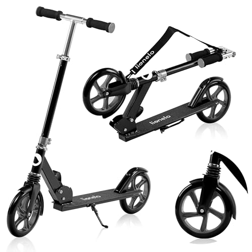 lionelo Luca Patinete Urbano XXL hasta 100 kg, Scooter para niños, Grandes Ruedas 200 mm ShockResist Amortiguador, Volante Ajustable Altura, Freno Plegable (Negro)