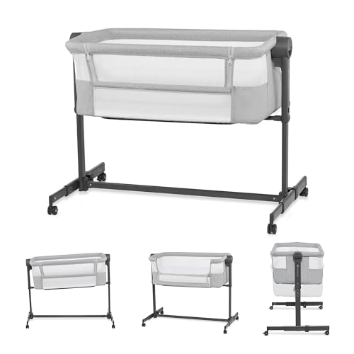 Kinderkraft Neste UP 2 Cuna Colecho para Bebé con Colchón, Cuna de Cabecera, Fácil Ajuste de Cama de Padres, Ajuste de Altura, Buena Circulación de Aire, Ruedas transportarás, Gris Cloro