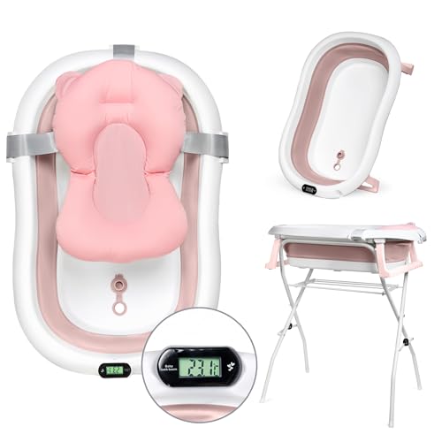moovkee. Bañera Bebe con Patas 80cm - Banheira Bebe con Soporte - Bañera Plegable Bebé con Termómetro - Bañeras para Bebes Plegables con Cojín de Baño