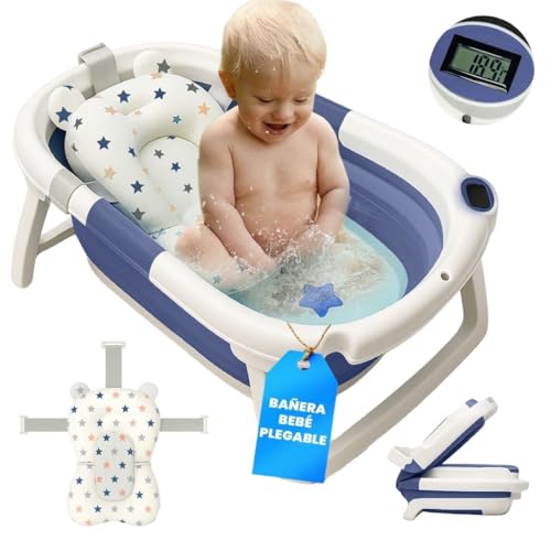 BAÑERA PLEGABLE BEBÉ 5 EN 1 con Termómetro + Cojín Protector + Patas Antideslizantes + Tapón de Seguridad | Apta para Bebé Recién Nacido | Diseño Plegable en 2 | Fácil de Guardar y Transportar (Azul)