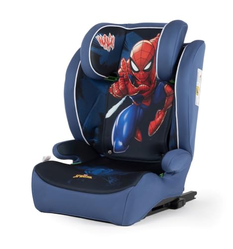 Silla de coche Marvel Spiderman con fijación ISOFIX para la seguridad de los niños con una altura de 100 a 150 cm con gráficos del superhéroe Spider-man sobre fondo azul
