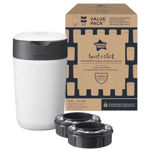 Tommee Tippee Contenedor de Pañales Twist & Click, Paquete Exclusivo con 2 Cartuchos de Recambio (1 Precargado y 1 Extra), Protección Garantizada Contra Olores y Gérmenes, el Paquete Puede Variar