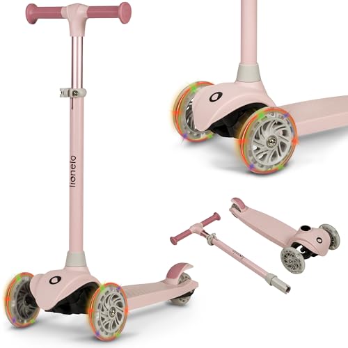 LIONELO Jessy Scooter de Equilibrio para niños de 3 años hasta 50 kg, Scooter de 3 Ruedas Ligero con Ajuste de Altura, Ruedas LED, Plataforma Antideslizante (Pink)