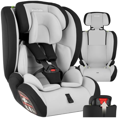 tectake® Silla de coche infantil con aprobación i-Size (ECE R129), protección lateral, anclaje, Top Tether, arnés de 5 puntos, reposacabezas ajustable, de 76 cm a 150 cm - gris claro/negro
