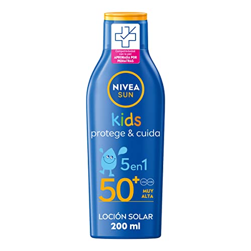 NIVEA SUN Leche Solar Kids Protege & Cuida FP50+ (1 x 200 ml), protector solar infantil resistente al agua, protección solar muy alta para niños