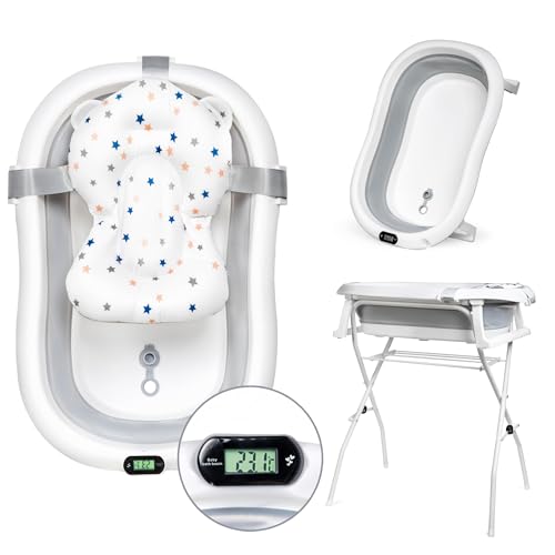 moovkee. Bañera Bebe con Patas 80cm - Banheira Bebe con Soporte - Bañera Plegable Bebé con Termómetro - Bañeras para Bebes Plegables con Cojín de Baño