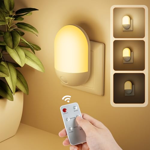 Luz Nocturna con Control Remoto, Lámpara de Noche Infantil Enchufe Regulable con 2 luces Modos, 3 Brillo Ajustables, luces Noche para Habitación de Niños, Baño, Pasillo, Cocina, Escaleras, 0,27W