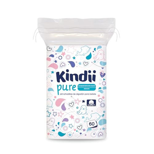Kindii Pure Baby Pads 60 unidades - Gasas Bebé 100% Algodón - Almohadillas de algodón multifuncionales: limpieza facial, cambios de pañal - Delicadas para pieles sensibles, no se deshilachan