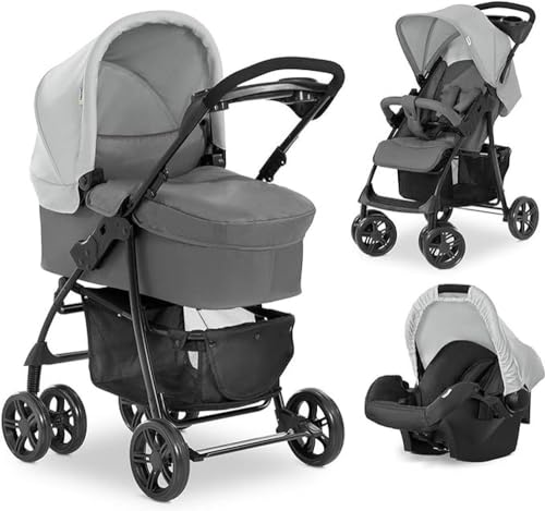 hauck Shopper Trio Set Cochecito Bebe 3 Piezas, Capazo, Silla de Paseo, Silla Auto Grupo 0, Carro Bebe 3 Piezas desde Nacimiento hasta 25 kg, Compacto - Gris