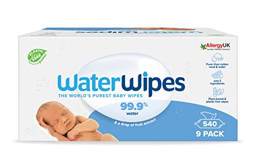 WaterWipes Original Baby Wipes, 540 unidades (paquete de 9), 99,9% a base de agua, sin perfume, para pieles sensibles, el envase puede variar