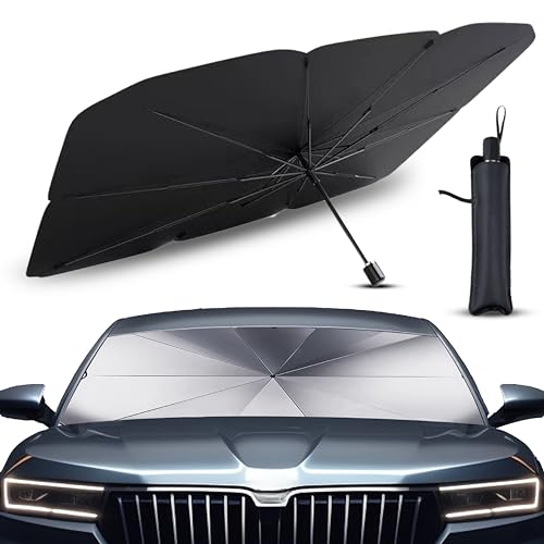 Parasol Coche Delantero Protector Solar SUV y Camión Parasol Paraguas Coche Resiste a los Rayos UV Parasol Plegable con Eje Giratorio 360º y Revestimiento de Titanio (Poliéster, 140 cm x 80 cm)