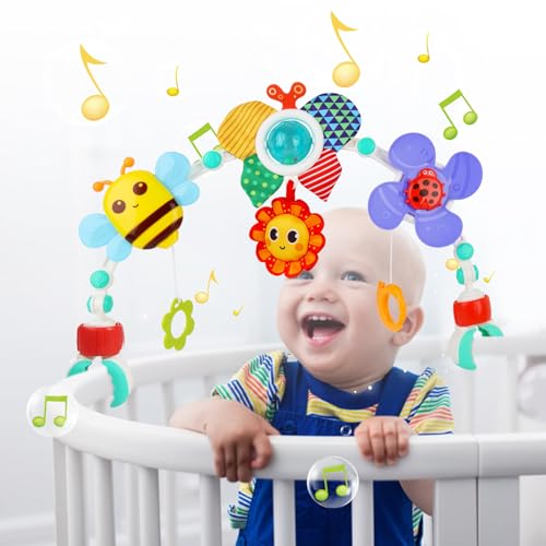 Arco de Juego para Cochecito, Arco de Juegos Bebe Hamaca, Juguetes Sensoriales Educativocon sonajero y actividades, Plegable Juguetes de Viaje para Sillita del Coche La Cuna Bebés y Niños 3-12 Meses