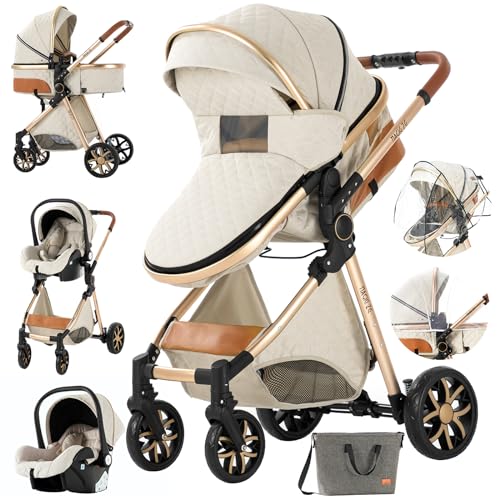 3 en 1 Sistema de Viaje Para Bebé Cochecito de Bebé 3 en 1 Carrito con Capazo Silla de Paseo Cochecito de Paisaje Alto Reclinable Cochecito Estándar Plegable de Recién Nacido (225 Creamy White-1)