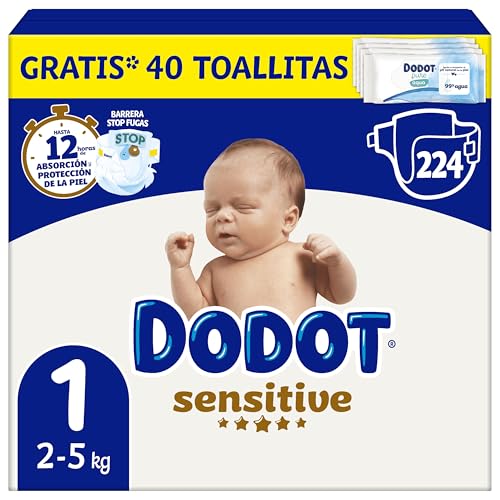 Dodot Pañales Bebé Sensitive, Talla 1 (2-5 kg), 224 Pañales + Regalo de 40 Toallitas Aqua Pure 99% Agua, Hasta 12 h De Protección Antifugas y Cuidado de la Piel, Pack Mensual