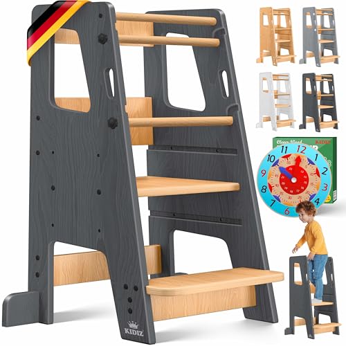 KIDIZ® Torre de aprendizaje para niños a partir de 1 año, incluye reloj de aprendizaje, taburete ajustable en altura de 3 niveles de madera de pino | fomenta las habilidades motoras de Montessori