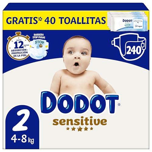 Dodot Pañales Bebé Sensitive, Talla 2 (4-8 kg), 240 Pañales + Regalo de 40 Toallitas Aqua Pure 99% Agua, Hasta 12 h De Protección Antifugas y Cuidado de la Piel, Pack Mensual
