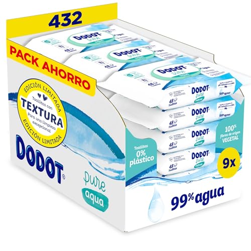 Dodot Toallitas Pure Aqua Para Bebé, 432 Toallitas (9 Packs de 48 Unidades) , Ayuda A Restaurar El PH Natural De La Piel, 99% Agua, Sin plástico