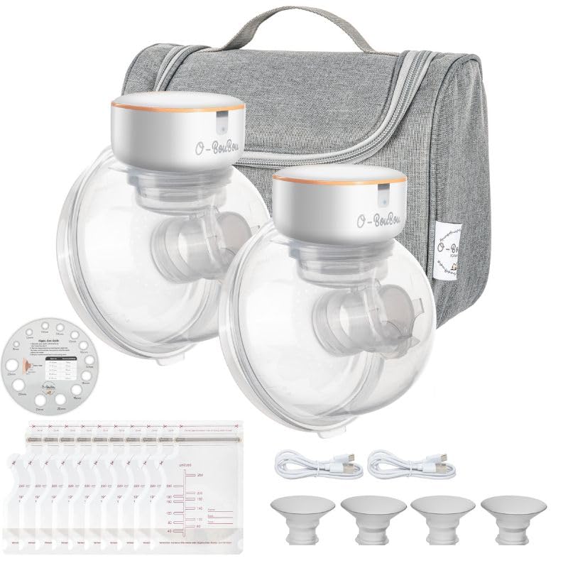 2 sacos de leche eléctrica a mano libre de silicona con batería de larga duración, 12 niveles y 4 modos – Sacaleche eléctrica portátil – Bridas de 24 mm + 4 inserciones bridas (19/21 mm), sin BPA, 2