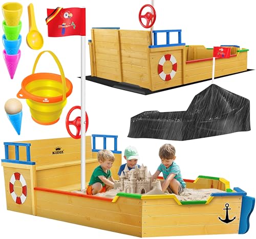 KIDIZ® arenero niños Ahoi, Barco Pirata, Barco de Vela de Madera, Incluye Cubierta, Cubierta de Suelo, Banco, asta de Bandera, Azul