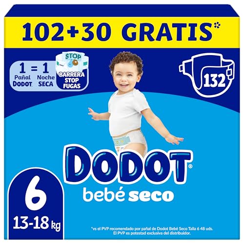 Dodot Pañales Bebé-Seco, Talla 6 (13-18 kg), 132 Pañales + Regalo de 1 Pack de 10 Toallitas Aqua Pure 99% Agua, Una Noche Hasta Un 100% Libre De Fugas, Pack mensual