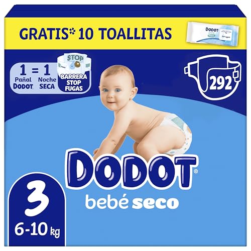 Dodot Pañales Bebé-Seco, Talla 3 (6-10 kg), 292 Pañales + Regalo de 1 Pack de 10 Toallitas Aqua Pure 99% Agua, Una Noche Hasta Un 100% Libre De Fugas, Pack mensual