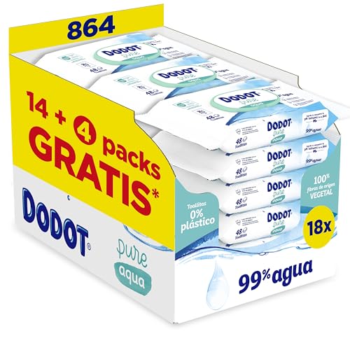 Dodot Toallitas Pure Aqua Para Bebé, 864 Toallitas (18 Packs de 48 Unidades), Ayuda A Restaurar El PH Natural De La Piel, 99% Agua, Sin plástico