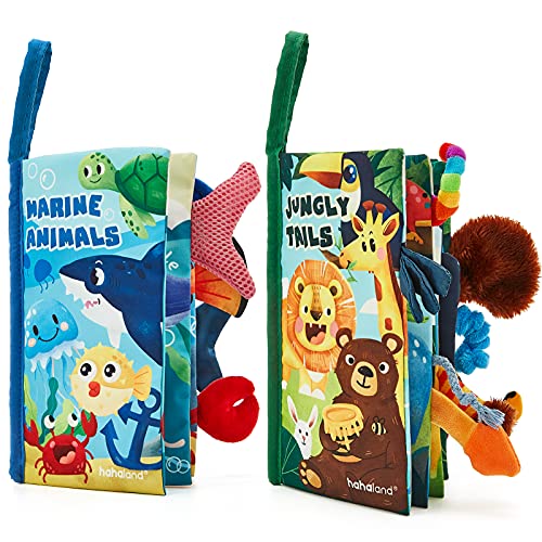 hahaland Libros Bebe Juguetes Bebes 0-3 6-12 Meses 2PCS Libros de Tela Blandos para Bebes Recien Nacido Niños Educativo Juguetes Niños 1 año, Animales Libro Sensorial Suave de Actividades para Bebé
