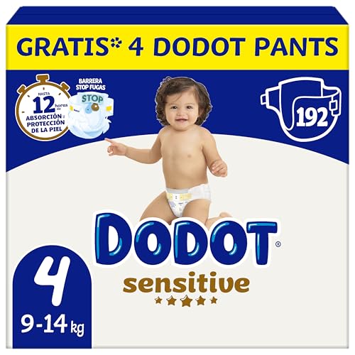 Dodot Pañales Bebé Sensitive, Talla 4 (9-14 kg), 192 Pañales + 4 Pants de Regalo, Hasta 12 h De Protección Antifugas y Cuidado de la Piel, Pack Mensual
