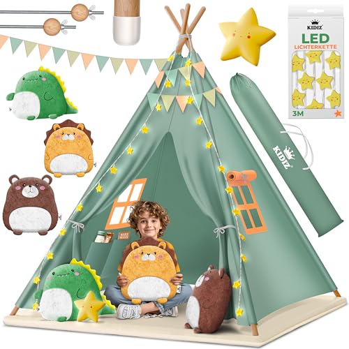 KIDIZ® Tipi Tienda de campaña para niños, 100 x 100 x 160 cm, de algodón, con cadena de luces LED, estrellas luminosas, guirnalda de banderas, 3 peluches, alfombrilla y bolsa de transporte, para