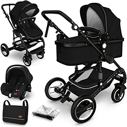 KIDUKU® Carrito de Bebé 3 en 1 | Silla de Paseo para Niños | Carricoche de 3 Piezas | Capazo, Cambiador, Cubrepiés | Sillita Coche Ligera Infantil (Negro)