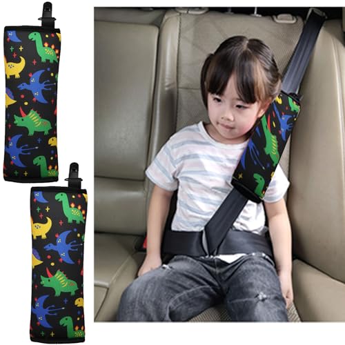 Furforstk protector cinturon coche niños 2 piezas dinosaurio almohadilla cinturon coche protector cinturon coche, funda cinturon coche, El diseño de hebilla fija no se mueve (negro dinosaurio)