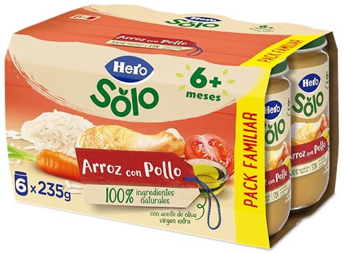 Hero Baby - Tarritos de Arroz con Pollo, Alimento Infantil para Bebés a Partir de los 6 Meses, 100% Ingredientes Naturales, Sin Aceite de Palma, Almidón, ni Sal Añadida - Pack 6x235 g