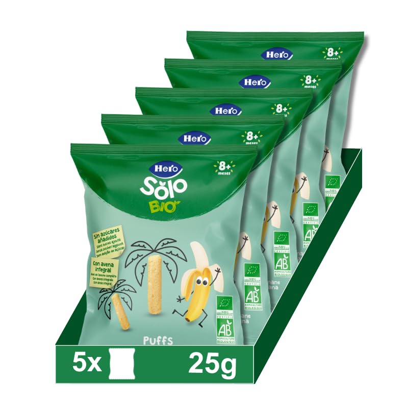 Hero Solo Bio, Snack Infantil Ecológico, Puffs de Maíz Avena y Plátano, Sin Aditivos Ni Sal Añadida, Apto Desde 8 Meses, 25g x 5uds