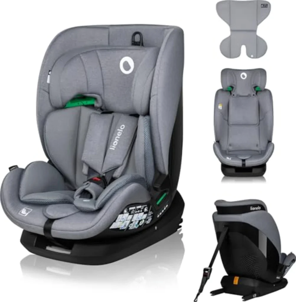 Silla de Coche Lionelio Lavender i-Size 76-150 cm - ISOFIX, Cinturón TT, 5 Niveles de Ajuste y Reposacabezas Regulable, Gris