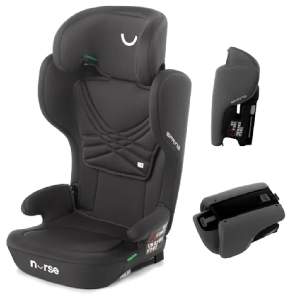 Silla de Coche i-Size Nurse Spring Plegable para Niños 4-12 Años (100-150 cm), Isofix, Reclinable, Portátil y Fácil Limpieza - Negro