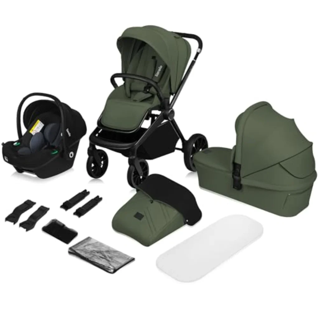 LIONELO MIKA PLUS 3 en 1 - Silla de Paseo Bebé 0-48 Meses, Capazo y Silla de Coche i-Size, Respaldo Ajustable, Suspensión, Ruedas 360°, Verde