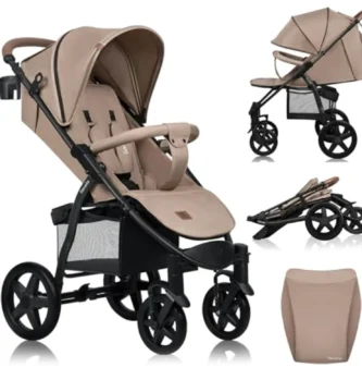 LIONELO Annet Cochecito Plegable para Bebés 0-48M, Capota XXL, Reclinable, Mosquitera, Ligero 10.5 kg, Hasta 22 kg, Beige